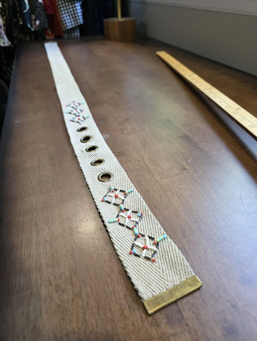 Embroidered Ivory Woven Belt with Brass Hardware Size 13
